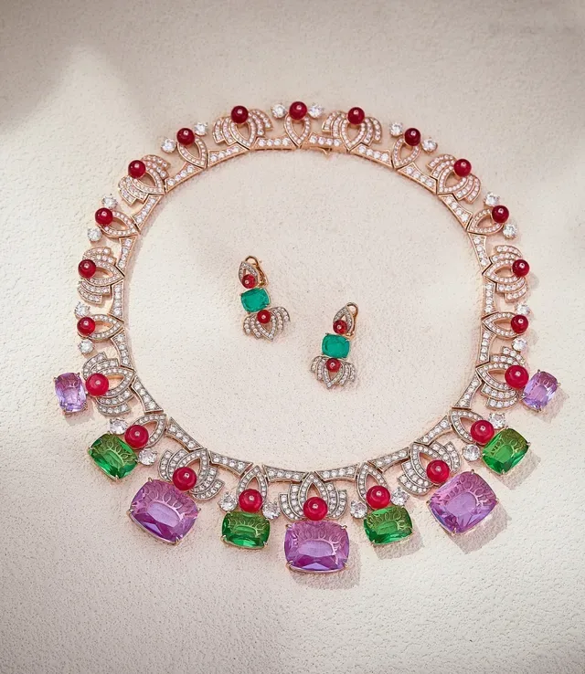 Gold-Tone Multi-Tier Emerald and Ruby Pavé Diamond Earrings 6