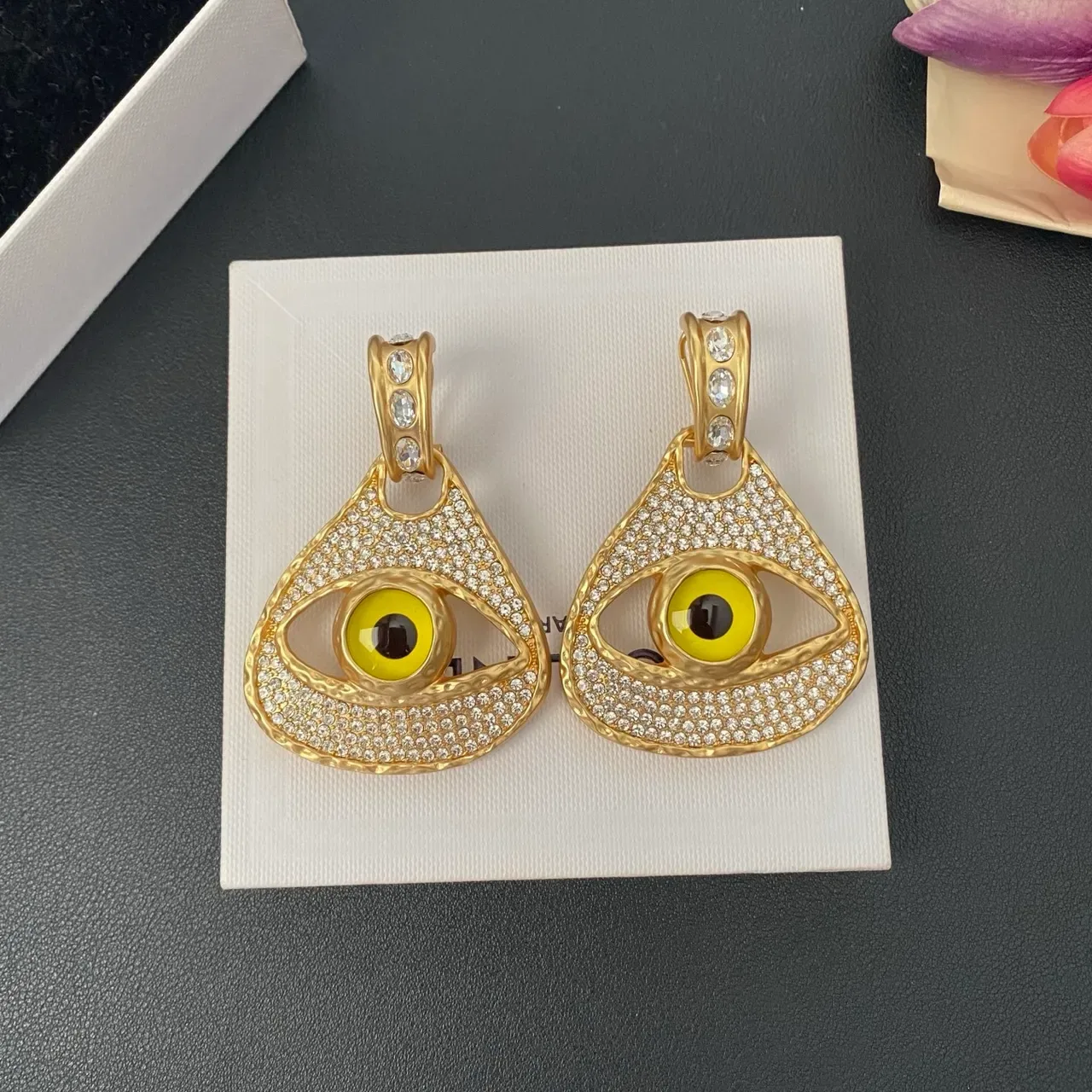 Gold-Tone Pavé Crystal Eye Motif Teardrop Earrings 8