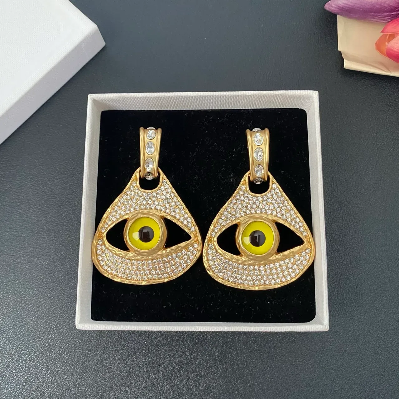 Gold-Tone Pavé Crystal Eye Motif Teardrop Earrings 9