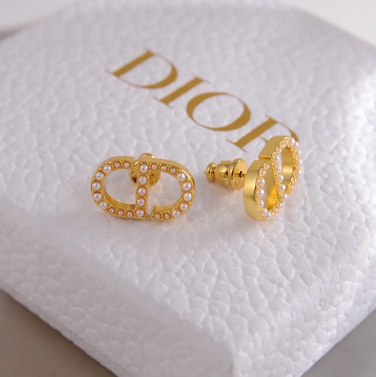 Gold-Tone Pearl-Embellished Interlocking C-D Motif Stud Earrings 3
