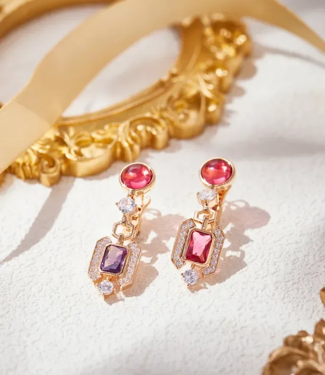 Gold-Tone Pink and Purple Multi-Gemstone Drop Earrings 6
