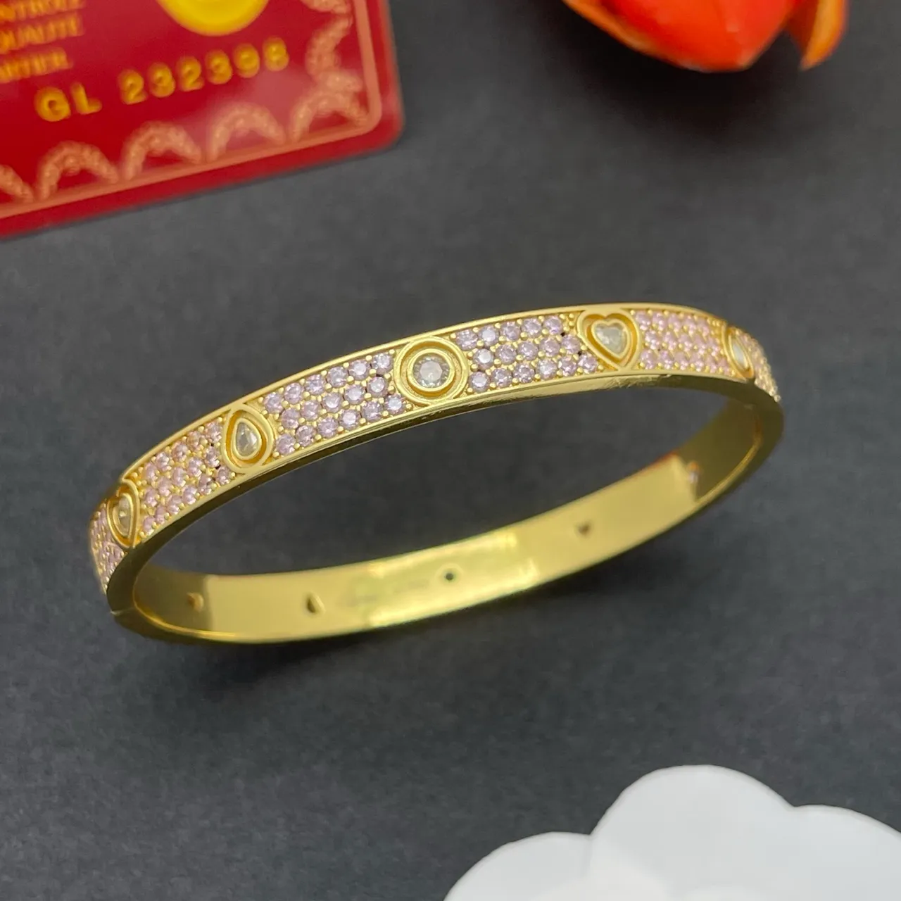 Gold-Tone Pink Pavé Heart and Circle Motif Bangle Bracelet 8