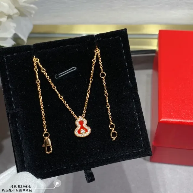 Gold-Tone Red Enamel Gourd Pendant Necklace 3