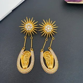 Brincos dourados Sunburst com pérolas e cristais, pendentes em forma de gota