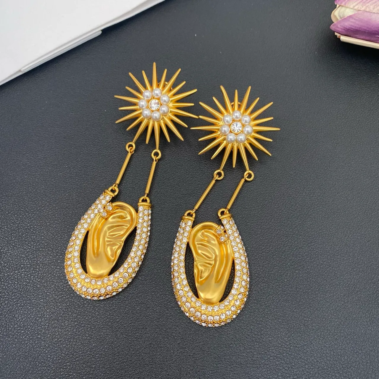 Gold-Tone Sunburst Pearl and Crystal Teardrop Dangle Earrings 7