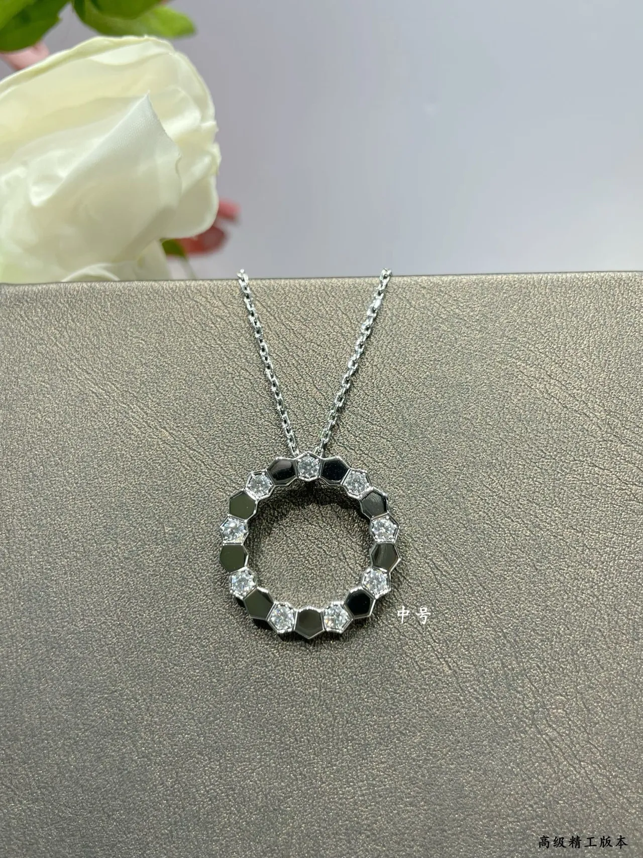Gold White Circular Openwork Pendant Geometric Hexagonal Bezel Necklace 3