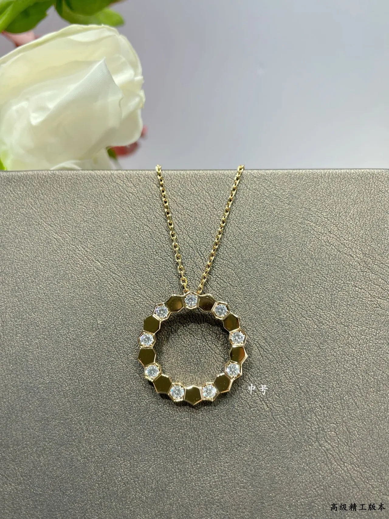Gold White Circular Openwork Pendant Geometric Hexagonal Bezel Necklace 4