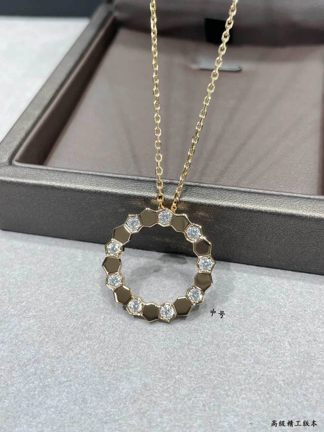 Gold White Circular Openwork Pendant Geometric Hexagonal Bezel Necklace 7