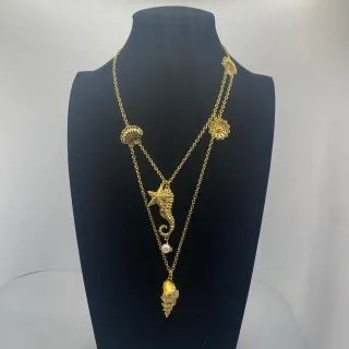 Gold White Filigree Chain Marine-Themed Charms Necklace