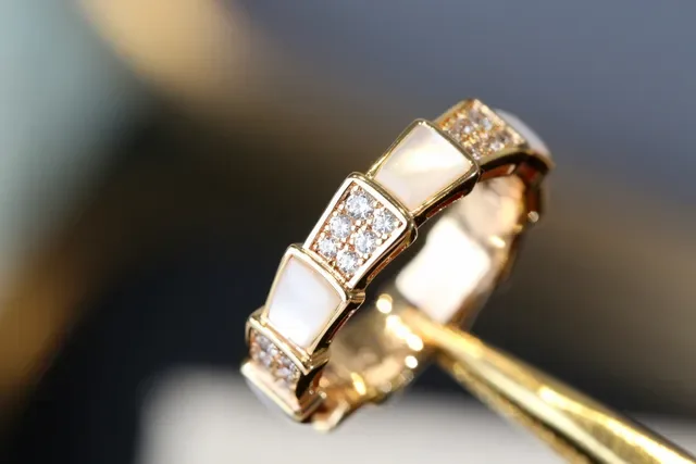 Gold White Geometric Segmented Band Pavé-Set Crystals Ring 6