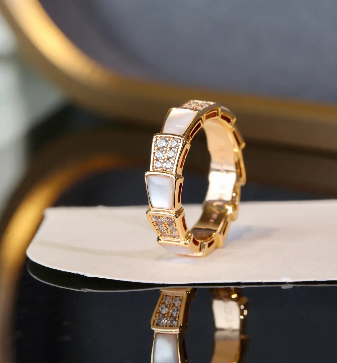 Gold White Geometric Segmented Band Pavé-Set Crystals Ring 9