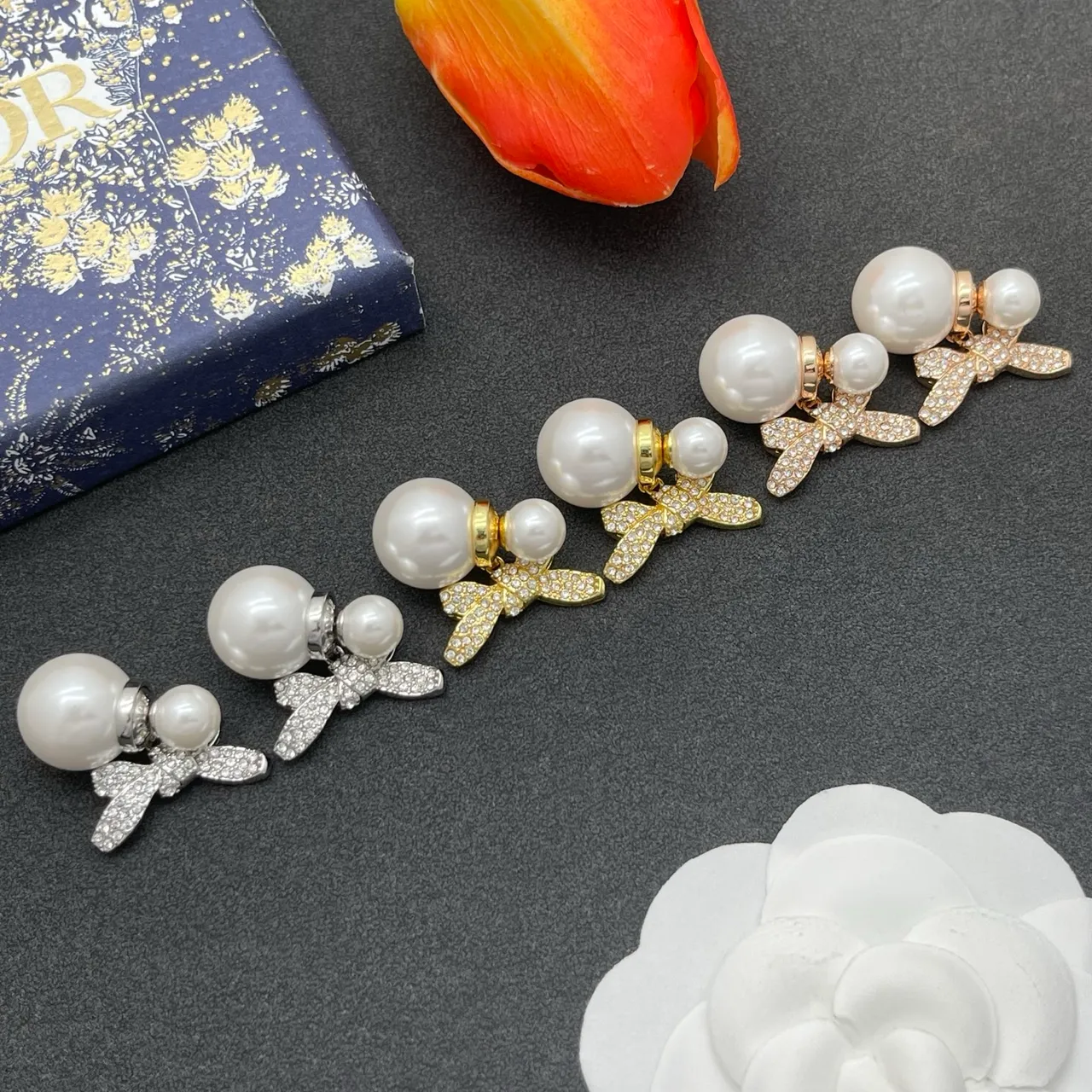 Gold White Pearl Stud Crystal-Embellished Bow Earrings 2