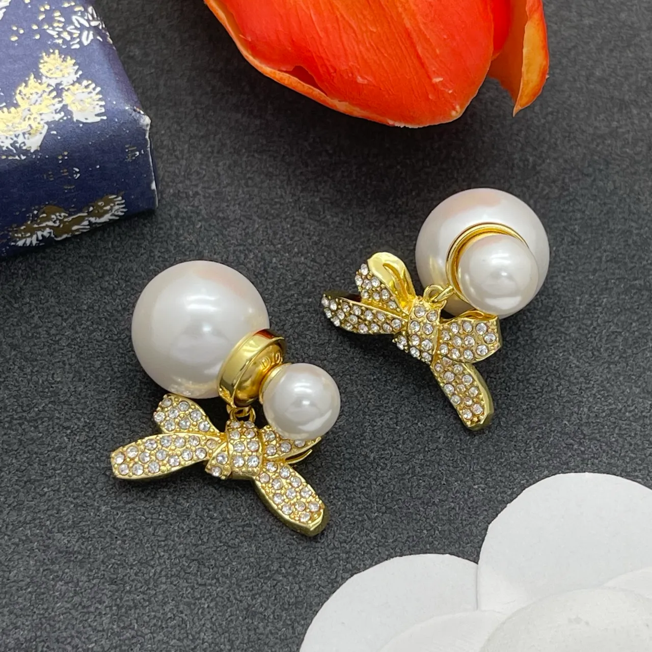 Gold White Pearl Stud Crystal-Embellished Bow Earrings 7