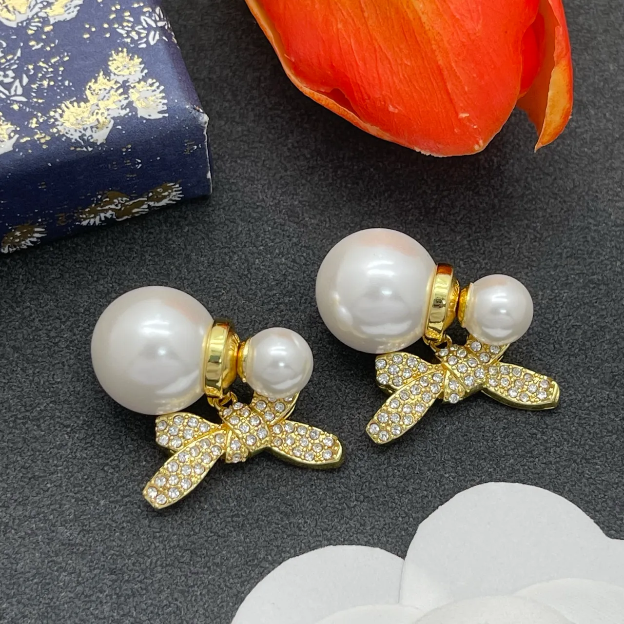 Gold White Pearl Stud Crystal-Embellished Bow Earrings 8