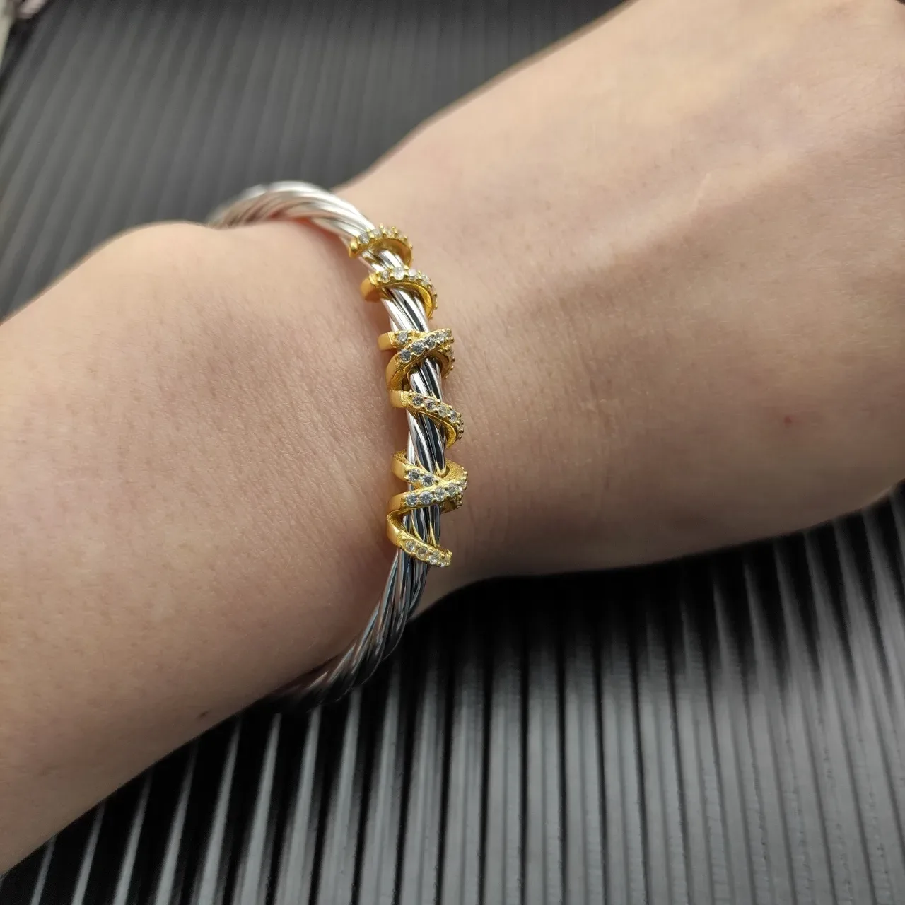 Gold White Twisted Wire Cuff Bracelet 4