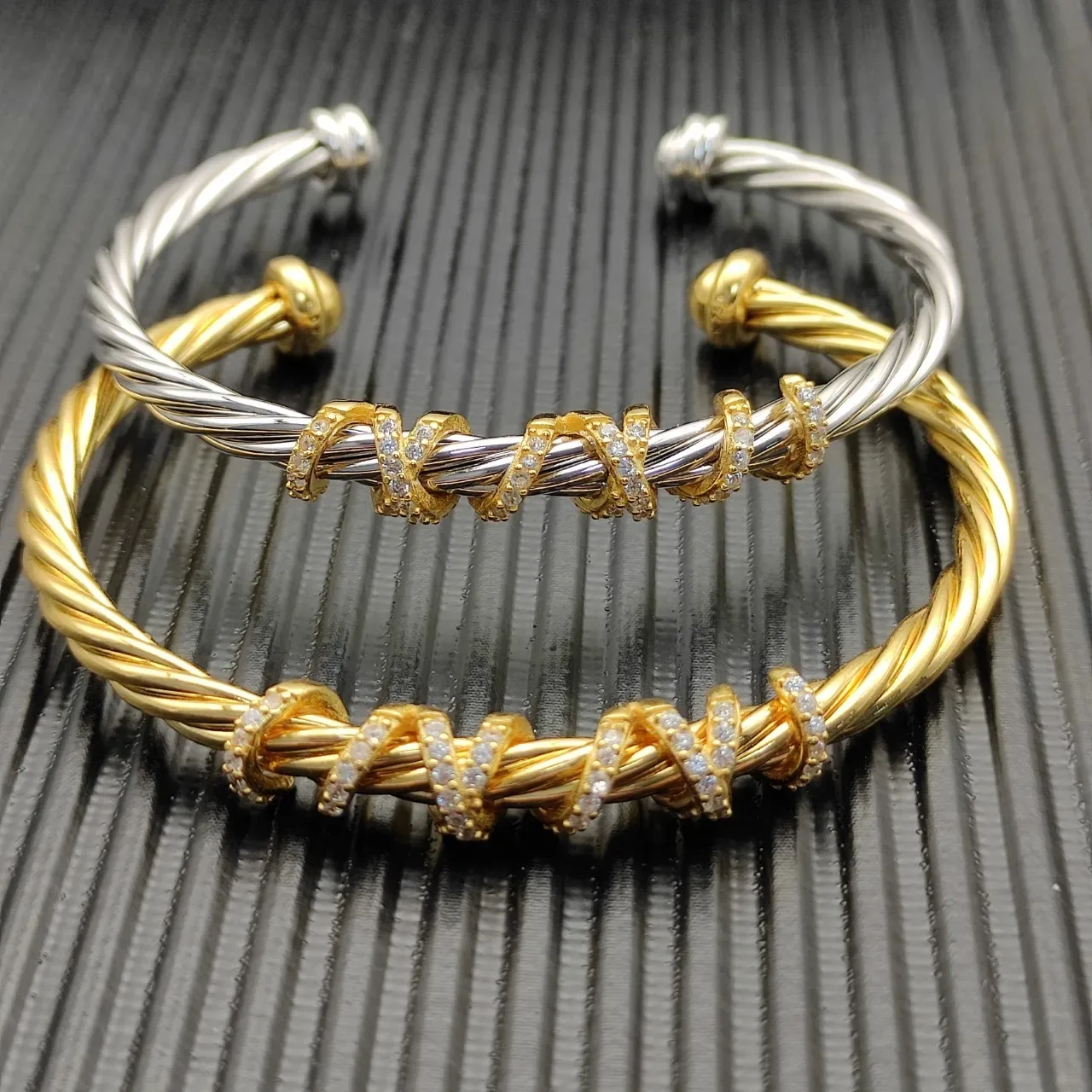 Gold White Twisted Wire Cuff Bracelet 9