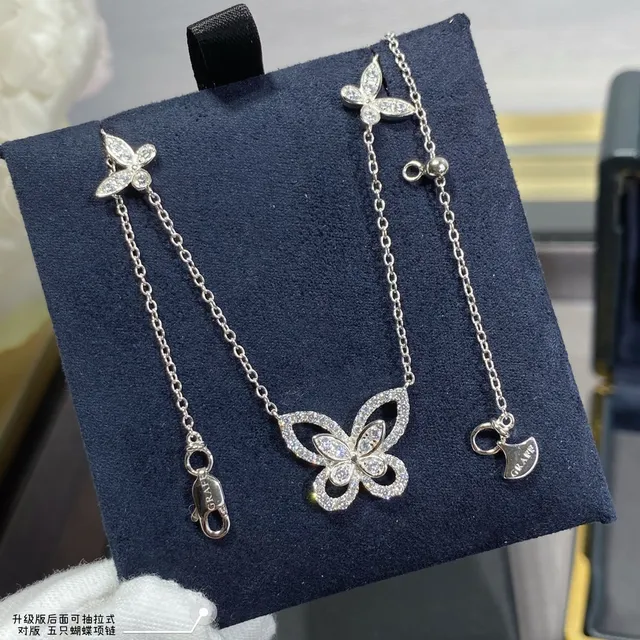 Graff Five Butterfly Silver White Pavé-Set Pendant Design Necklace 8