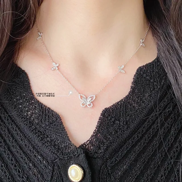 Graff Five Butterfly Silver White Pavé-Set Pendant Design Necklace 9