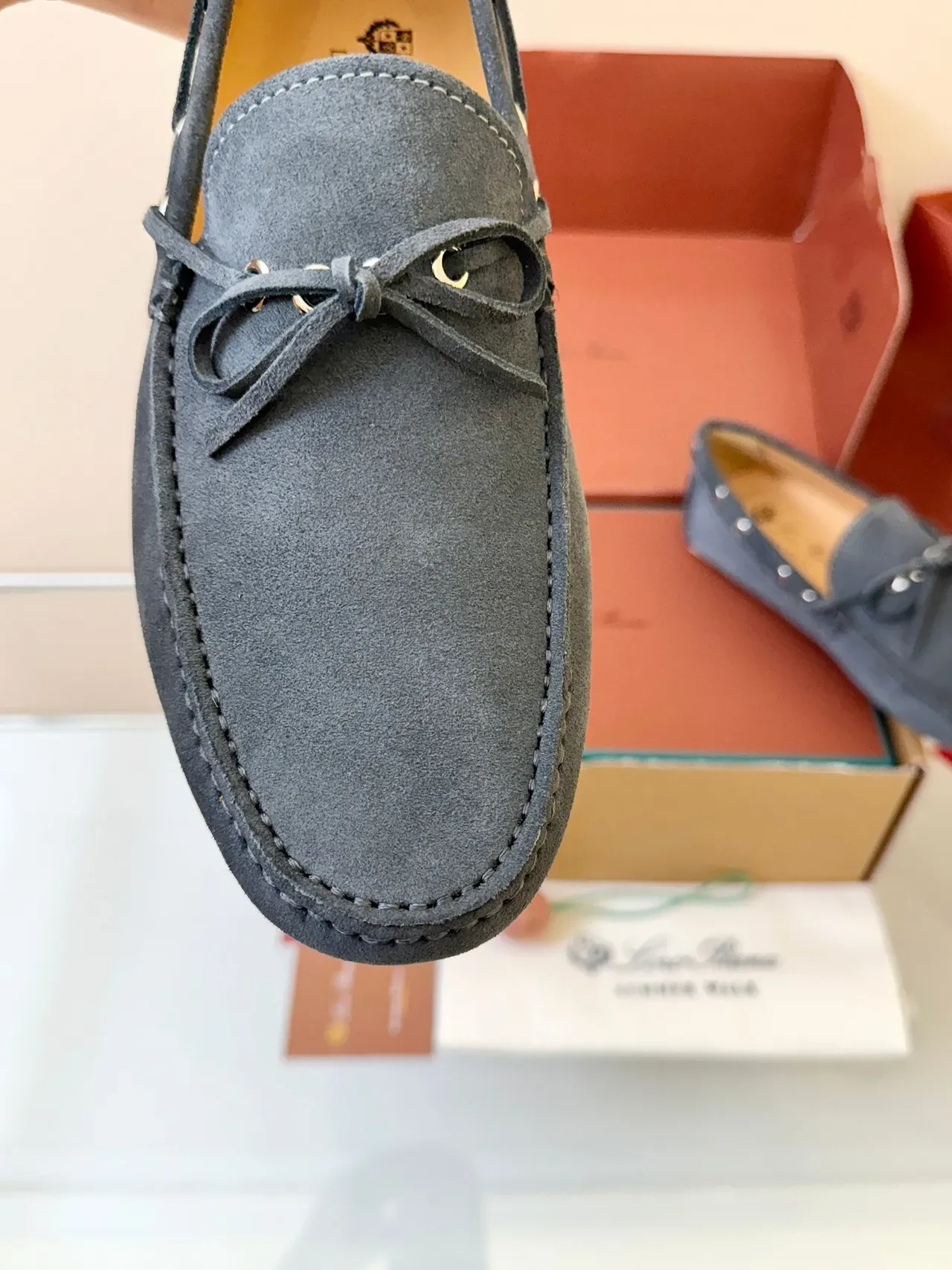 Gray Beige Suede Upper Moc-Toe Stitching Loafer 3