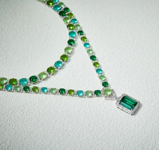 Green Blue Multi-Strand Gemstone-Encrusted Necklace 2