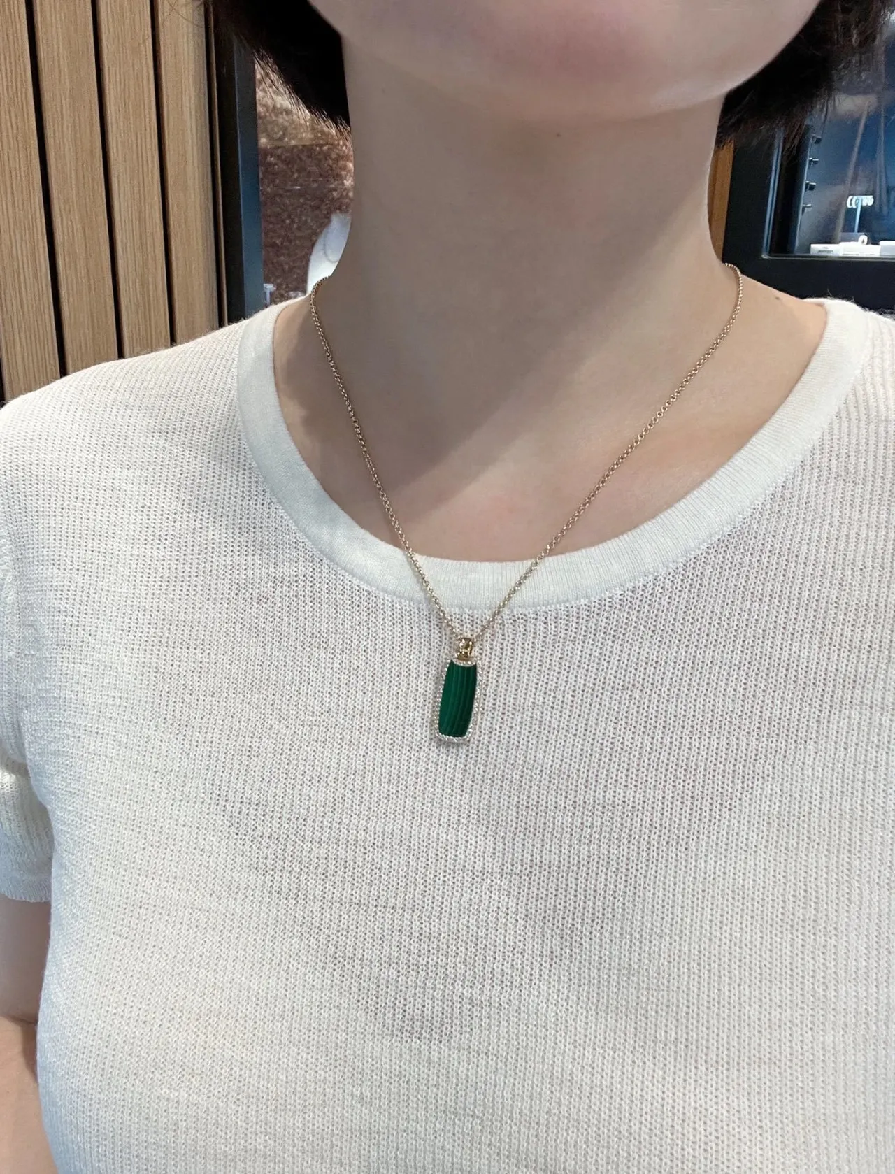 Green Gold Rectangular Stone Pendant Pavé-Set White Stones Border Necklace 4