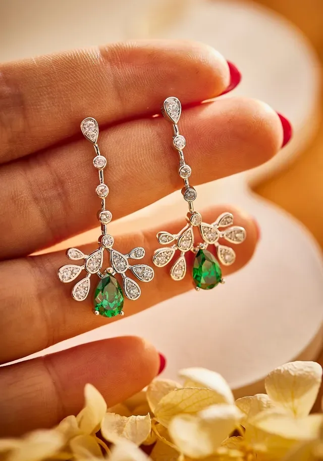 Green Silver Dangling Floral Motif Earrings 6