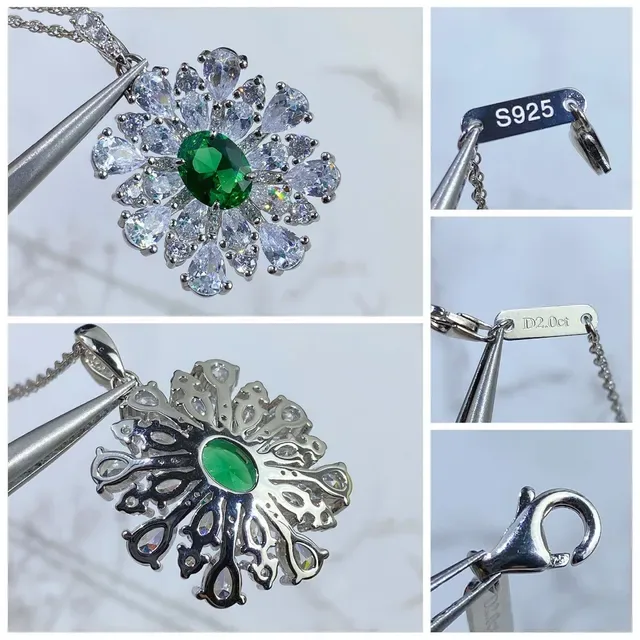 Green Silver Floral Cluster Pendant Oval Center Stone Necklace 4