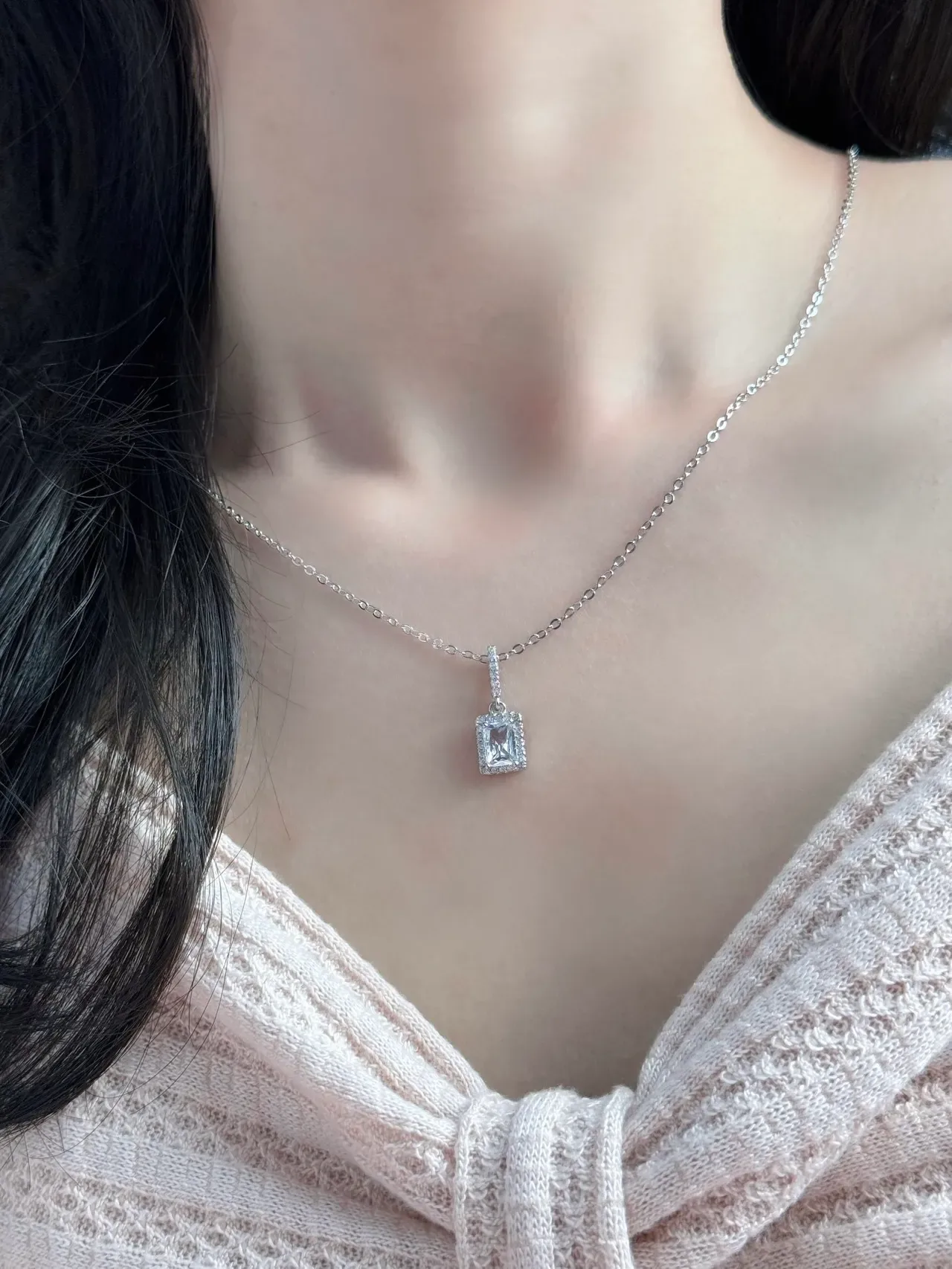 HEFANG Silver Rectangular Emerald-Cut Central Stone Pavé Halo Setting Necklace 3