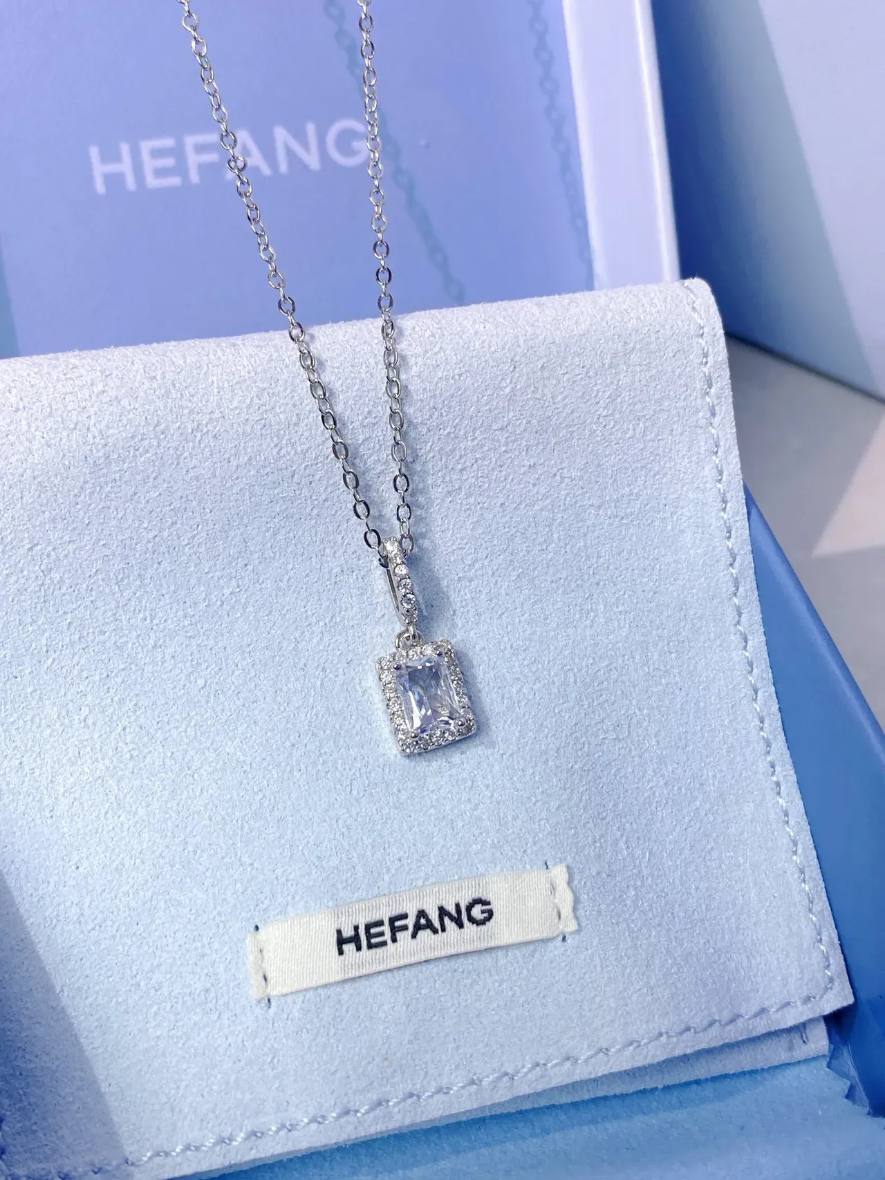 HEFANG Silver Rectangular Emerald-Cut Central Stone Pavé Halo Setting Necklace 5