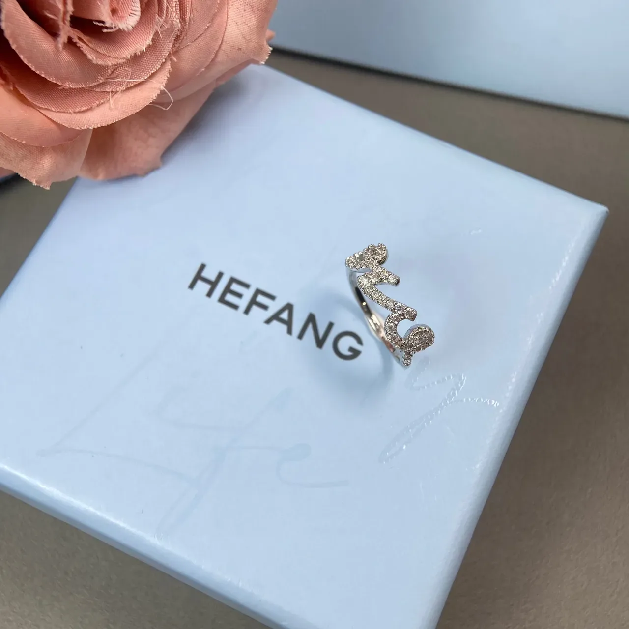 HEFANG Silver White Open Band Pavé Crystal Embellishment Ring 4