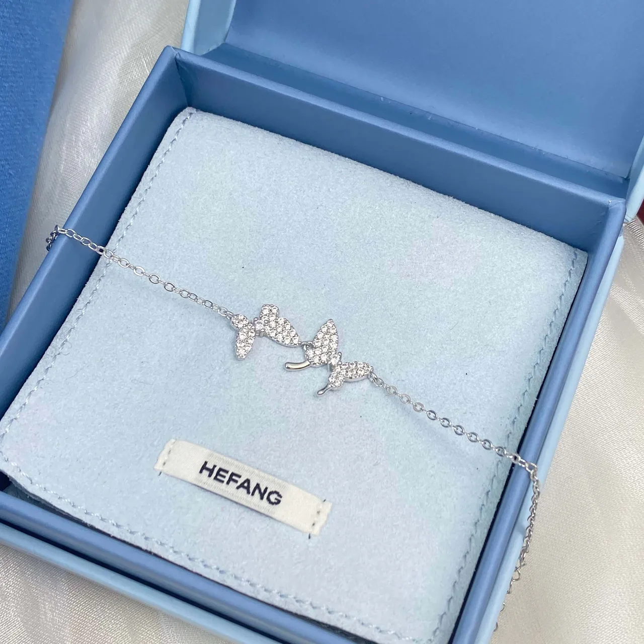 HEFANG Triple Butterfly Pavé Crystal Silver Necklace 8