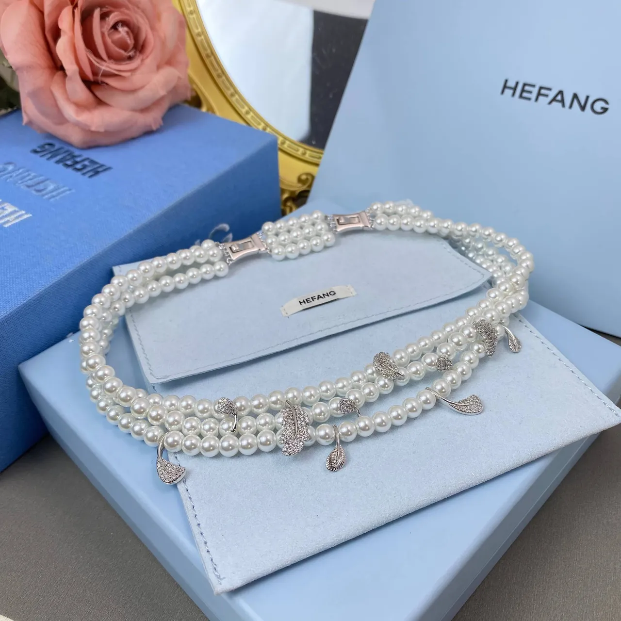 HEFANG White Silver Multi-Strand Pearl Feather-Shaped Crystal Charms Necklace 7