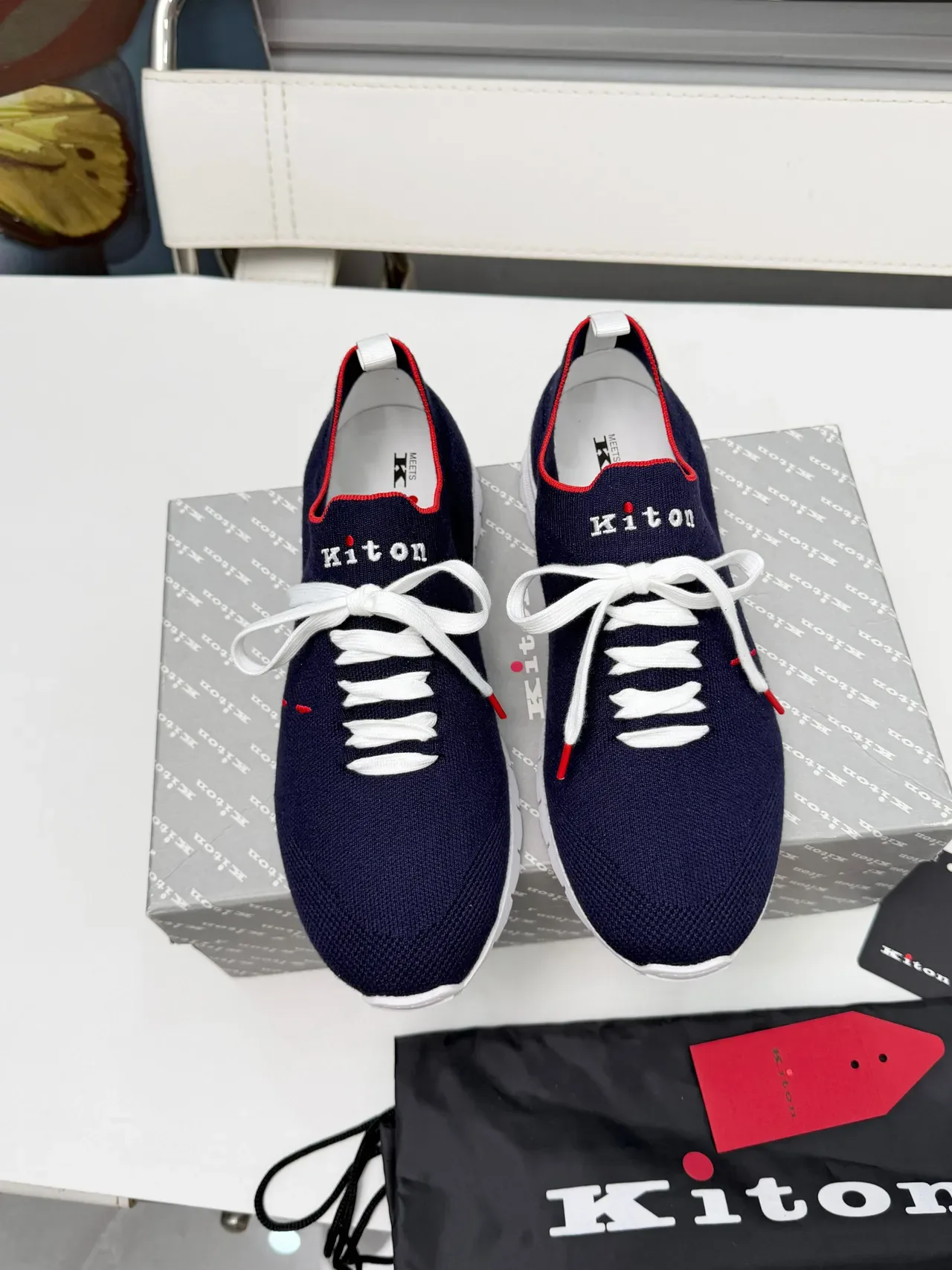 Kiton Navy Red Knit Upper White Sole Sneakers 5