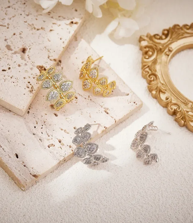 Leaf Motif Pavé Crystal Silver-Tone Earrings 6
