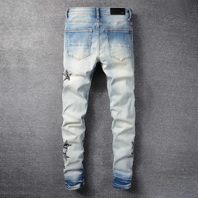Light-Wash Distressed Star-Print Slim-Fit Jeans 9
