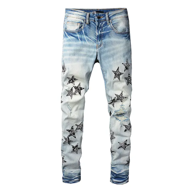 Light-Wash Distressed Star-Print Slim-Fit Jeans 16