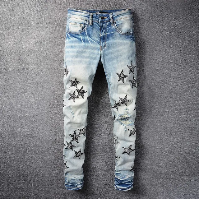 Light-Wash Distressed Star-Print Slim-Fit Jeans 17
