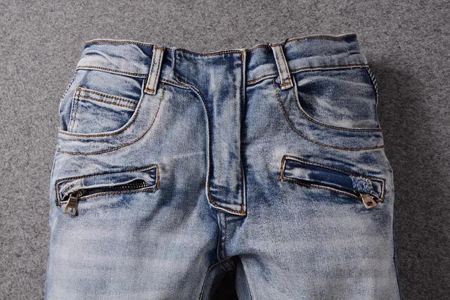 Light-Wash Distressed Zip-Pocket Moto Slim-Fit Jeans 10