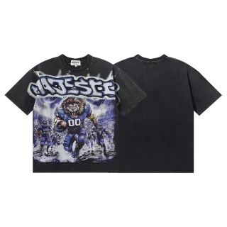 Camiseta de fútbol MAJESTIK negra desgastada con gráfico de león