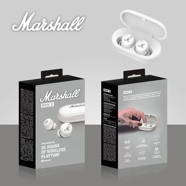 Marshall Mode II 白色黑色光泽面罩 M-Logo 面部 TWS 耳机 7
