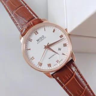 Mido Baroncelli सफेद डायल गुलाबी सोने का टोन भूरी चमड़े की यांत्रिक घड़ी