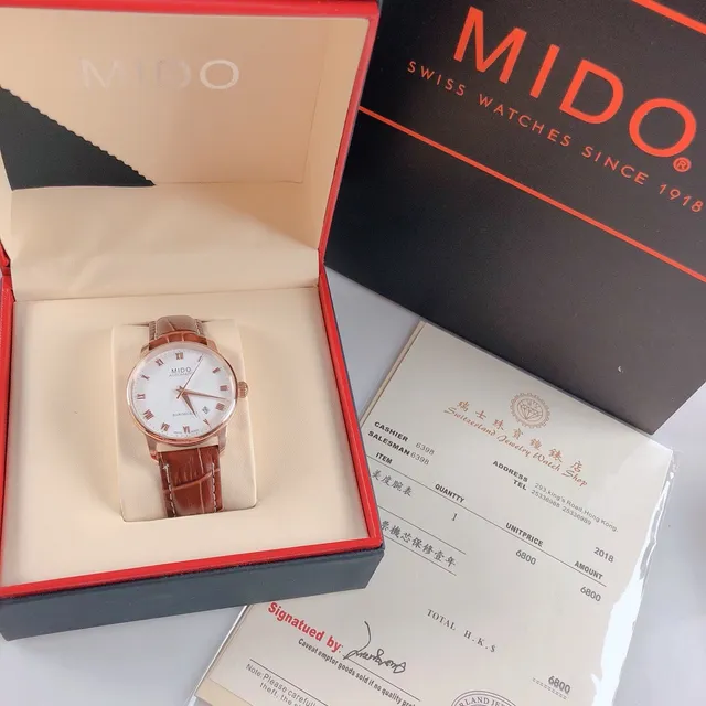 Mido Baroncelli सफेद डायल गुलाबी सोने का टोन भूरी चमड़े की यांत्रिक घड़ी 3