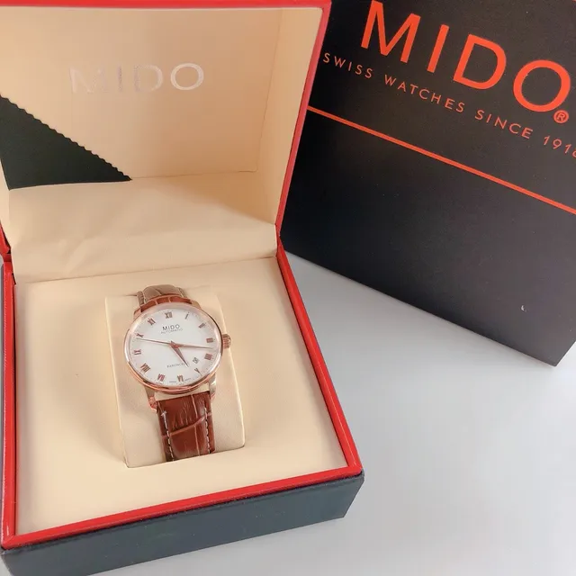 Mido Baroncelli सफेद डायल गुलाबी सोने का टोन भूरी चमड़े की यांत्रिक घड़ी 4