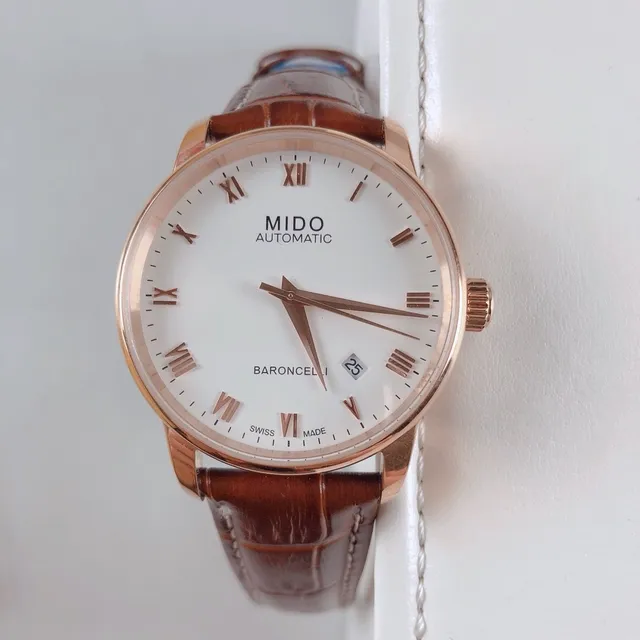 Mido Baroncelli सफेद डायल गुलाबी सोने का टोन भूरी चमड़े की यांत्रिक घड़ी 6