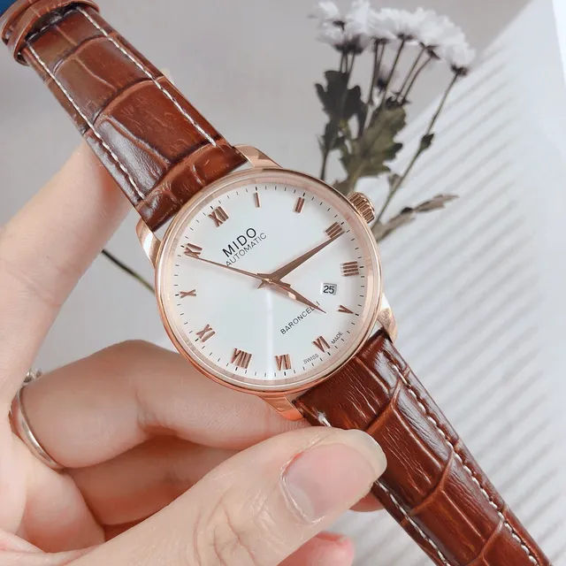 Mido Baroncelli सफेद डायल गुलाबी सोने का टोन भूरी चमड़े की यांत्रिक घड़ी 7