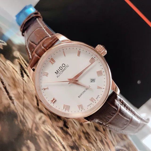 Mido Baroncelli सफेद डायल गुलाबी सोने का टोन भूरी चमड़े की यांत्रिक घड़ी 8
