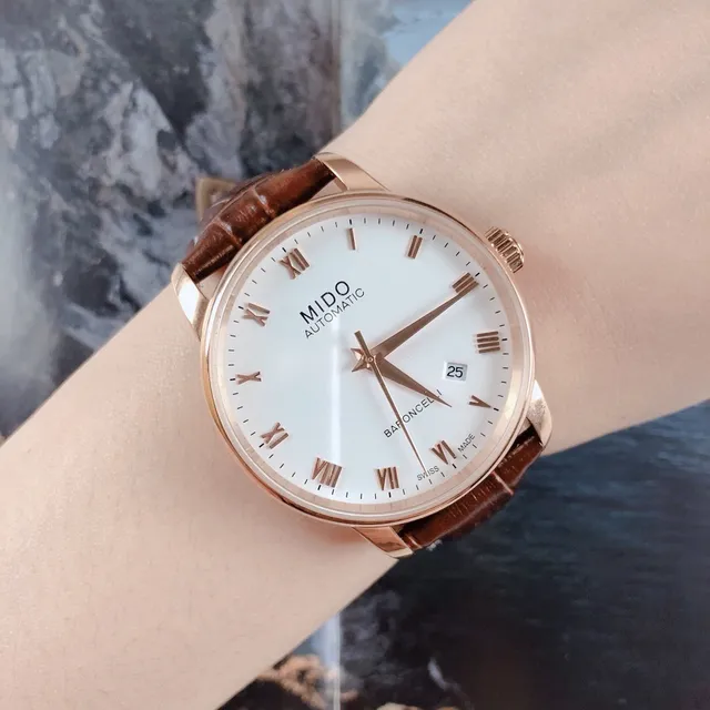 Mido Baroncelli सफेद डायल गुलाबी सोने का टोन भूरी चमड़े की यांत्रिक घड़ी 9