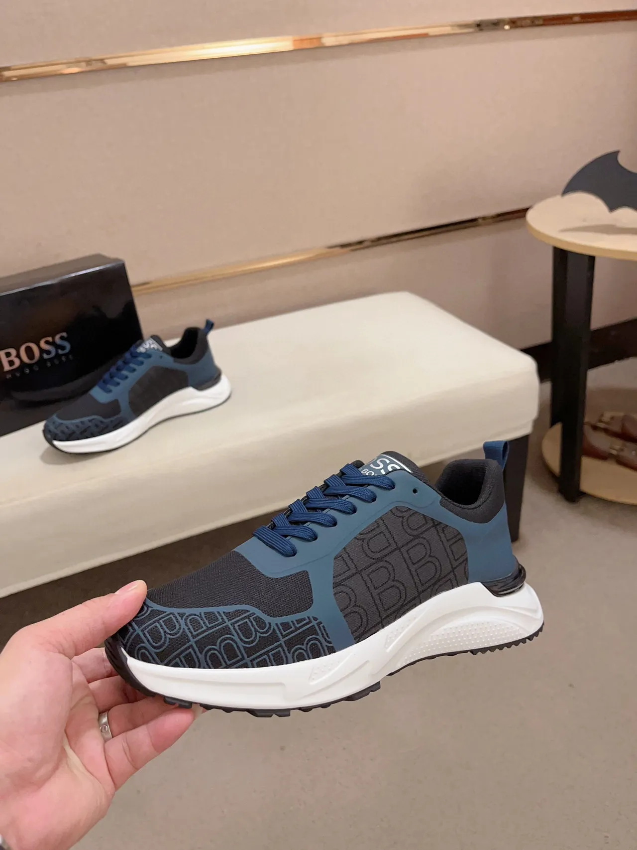 Monogram-Print Mesh and Blue Overlay Low-Top Lifestyle Sneaker 3