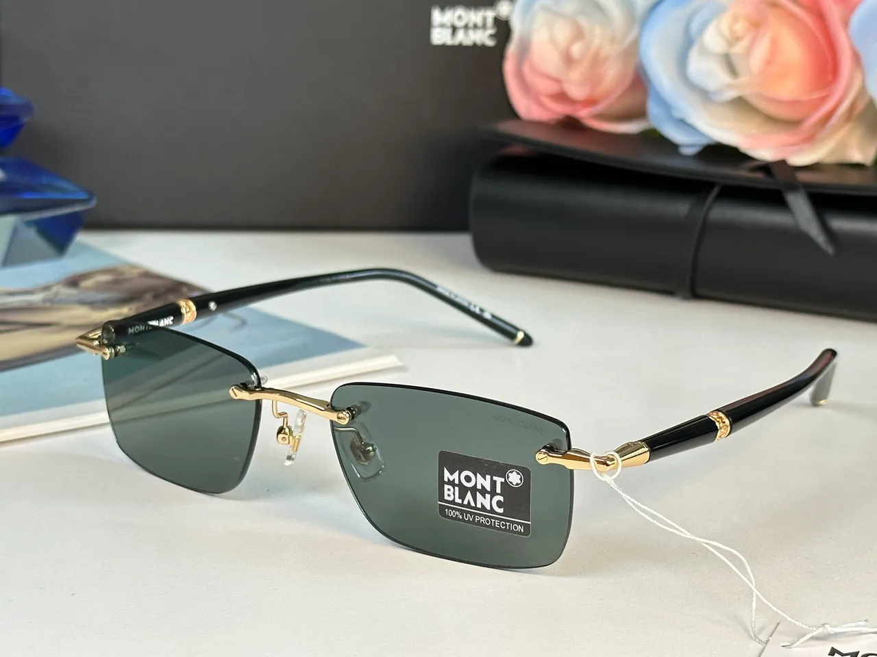 Montblanc 黑金无框矩形太阳镜 4