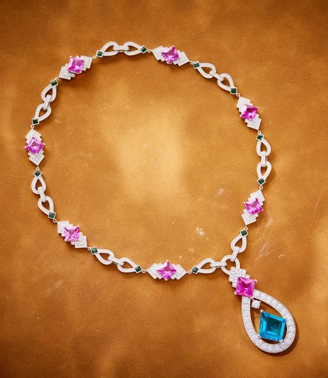 Multicolor Gemstone and Pavé Diamond Geometric Link Necklace 1